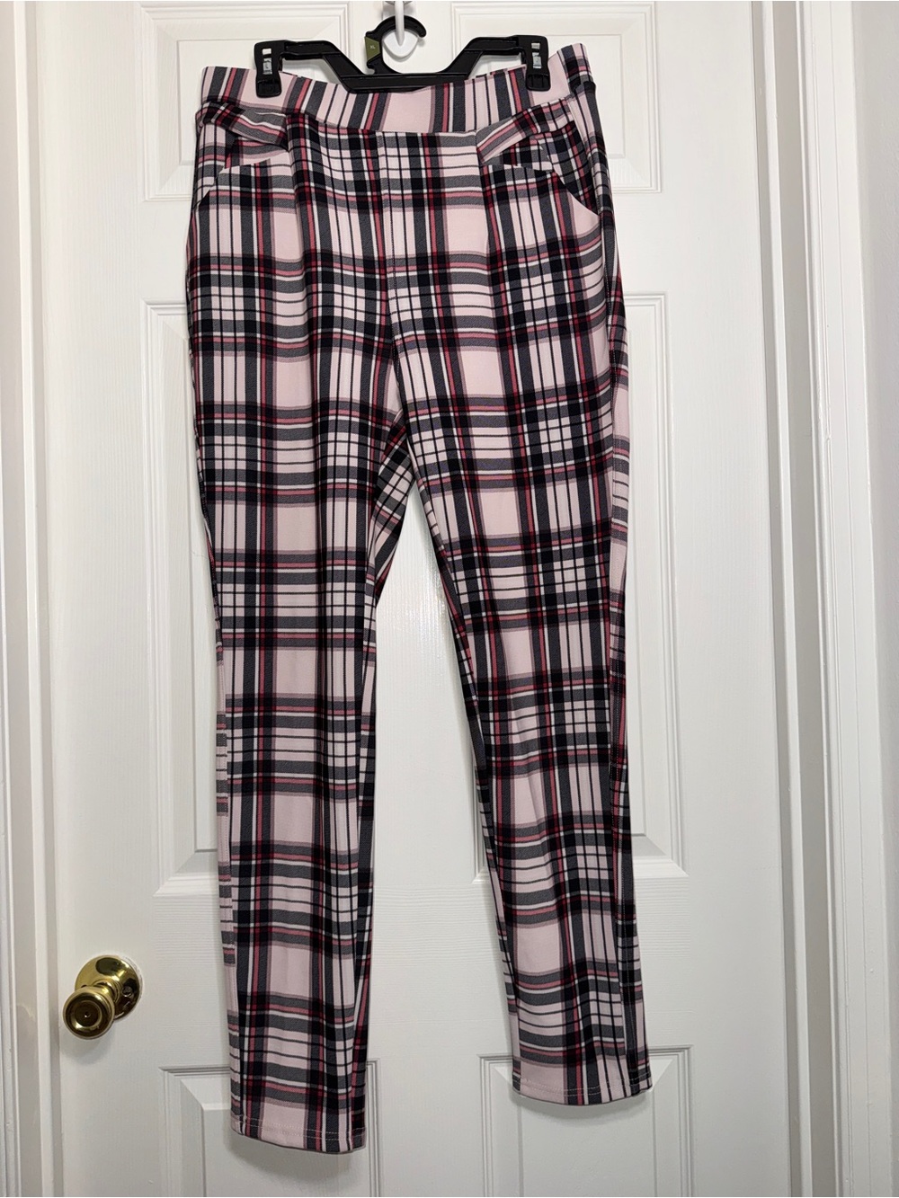 Pink Plaid Stretch Casual Pants